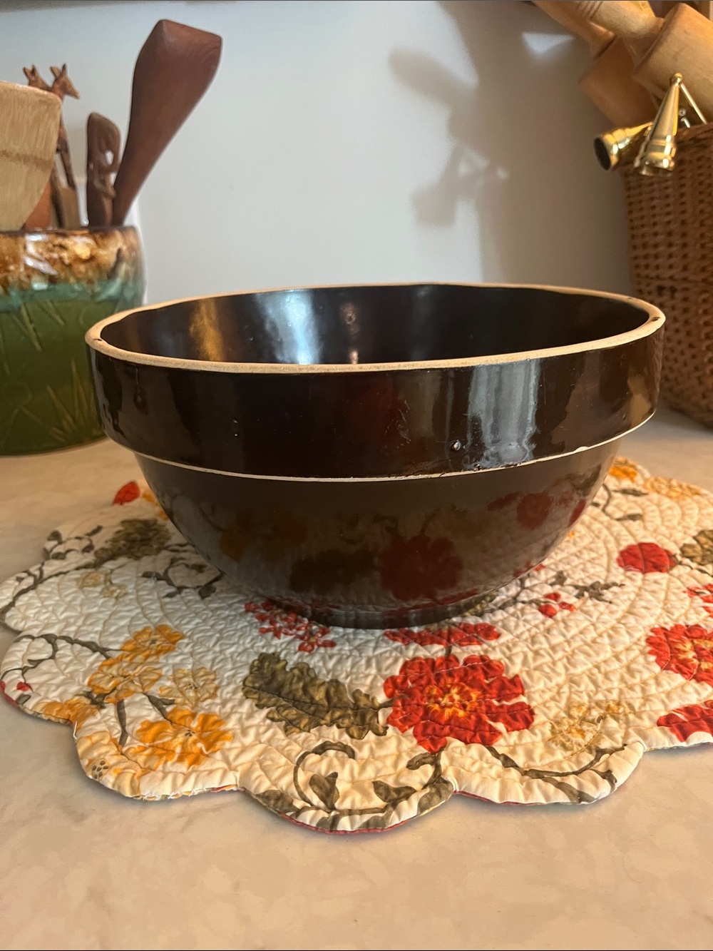 Antique salt glazed stoneware  Pottery Brown Mixing Bowl 11” diameter 5.5” tall.